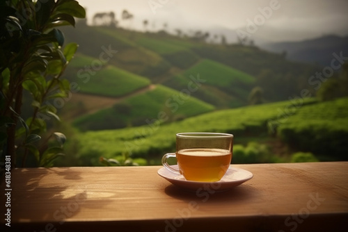Generative AI. Warm cup of tea with teapot, green tea leaves at morning in plantations background with empty space, Organic product from the nature for healthy with traditional 
