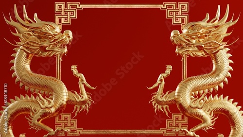 3d rendering illustration background for happy chinese new year 2024 the dragon zodiac sign with red and gold color  flower  lantern  and asian elements.   Translation    year of the dragon 2024  .