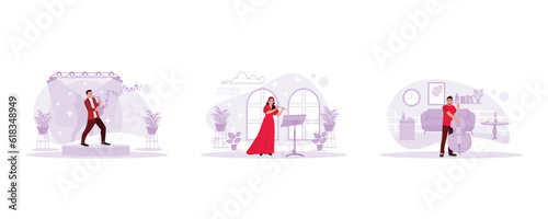 Male musician playing saxophone on stage. Beautiful woman playing the flute. Young musician playing double bass. Trend Modern vector flat illustration.