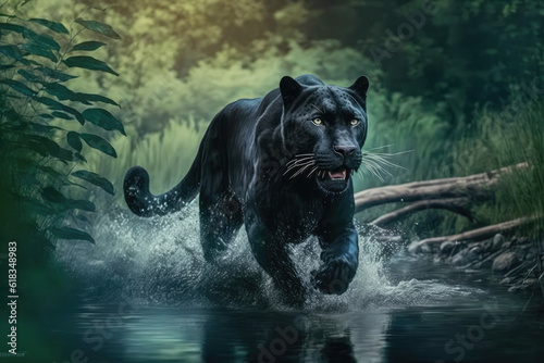 Stampa su tela black panther tiger runs on water, in forest