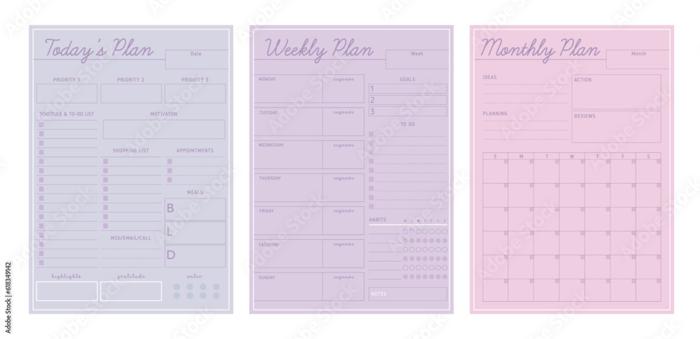 (Pastel Pink) 3 set of Pastel Daily weekly monthly planner.  - obrazy, fototapety, plakaty 