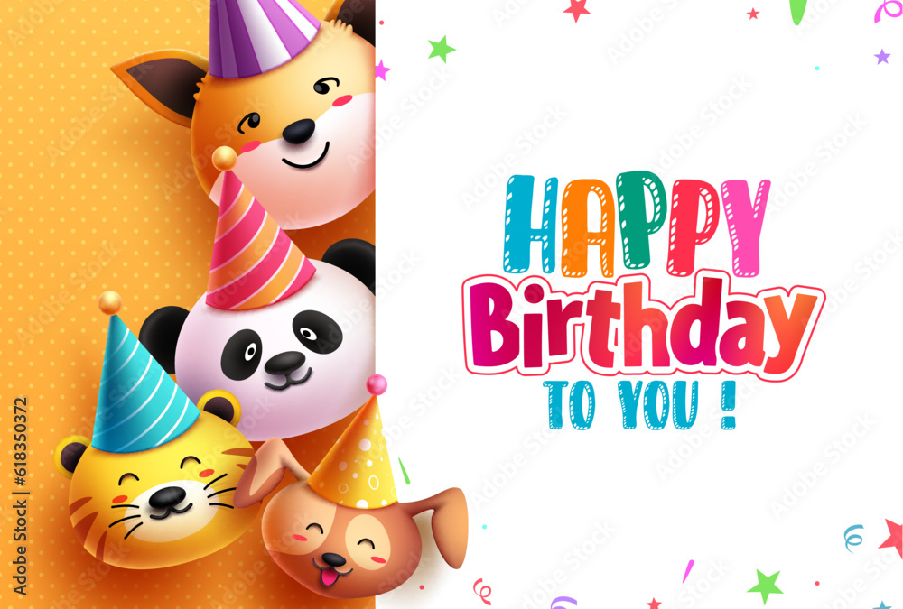 Happy birthday text vector template design. Birthday greeting in white board space with animal cute characters. Vector illustration birthday party invitation card. Happy birthday text vector template design. Birthday greeting in white board space with animal cute characters. Vector illustration birthday party invitation card.