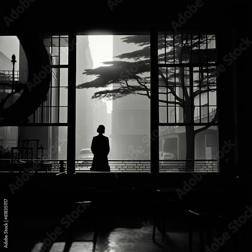 Serene temple architecture with person, black and white photographic