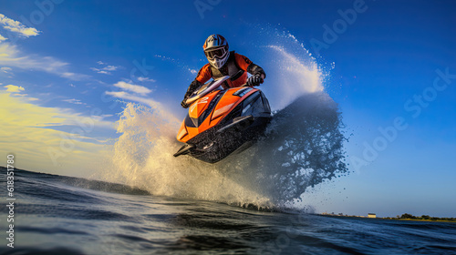 Man quickly rushes on jet ski on waves. Entertainment for rest of sea resort. Water transport, extreme sports © PaulShlykov