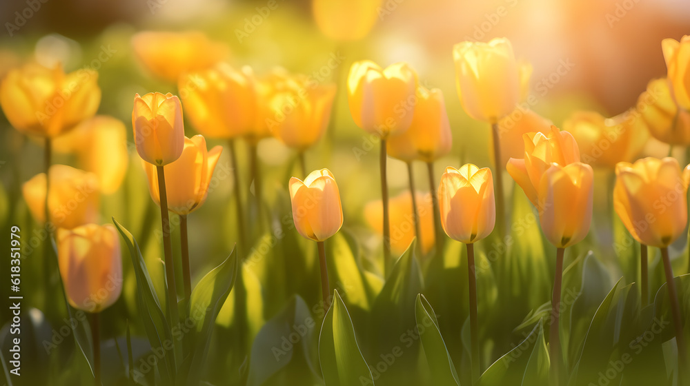 field of yellow tulips with blur bokeh sun light created with Generative AI 