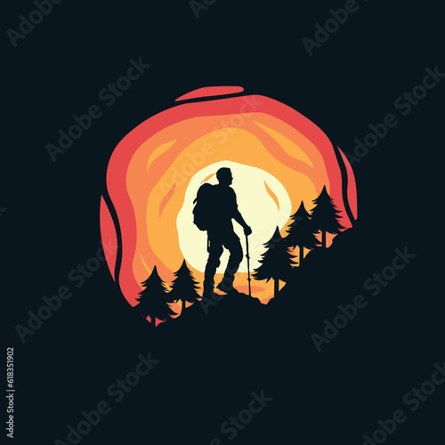 Vector silhouette of man hiking on forest background