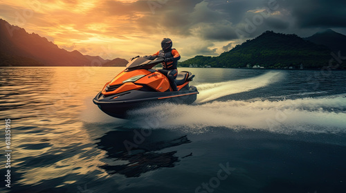 Man quickly rushes on jet ski on waves On Sunset. Entertainment for rest of sea resort. Water transport, extreme sports