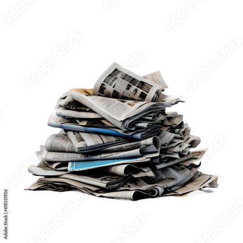 Messy Newspaper Pile, Expired Coupons, crumpled old newspaper isolated on white or transparent background 