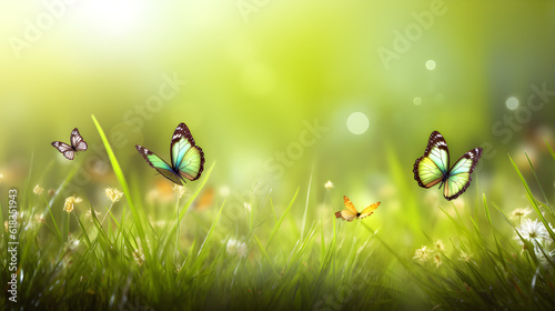 abstract natural background with butterflies and green grass created with Generative AI  photo