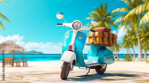 Summer travel , Blue motorbike with luggage for summer holidays , Beach sea view , Vacation , Created with Generative Ai