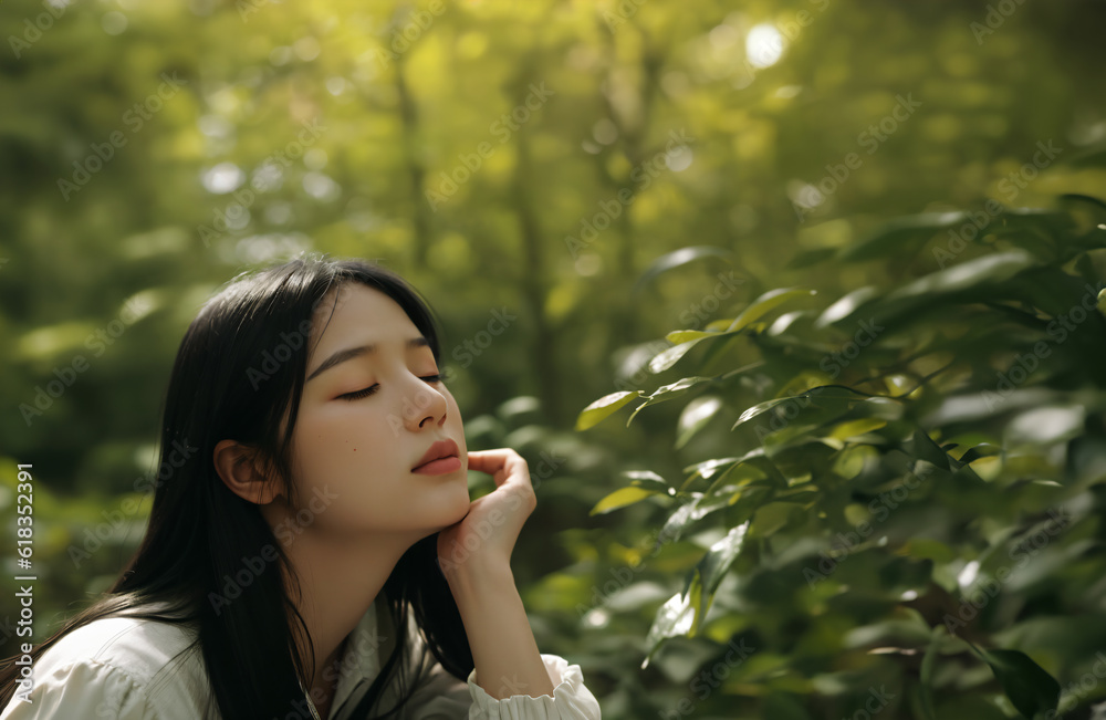 Beautiful woman with chin resting on hand and closed eyes enjoying the nature environment Beautiful woman with chin resting on hand and closed eyes enjoying the nature environment