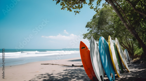 surfboards on the beach near the tree with blue sky created with Generative AI 