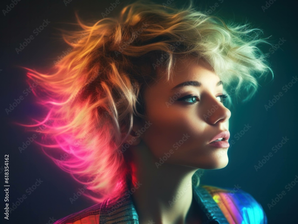 80s fashion hairstyle studio portrait of female woman with multicolored background, generative ai 80s fashion hairstyle studio portrait of female woman with multicolored background, generative ai