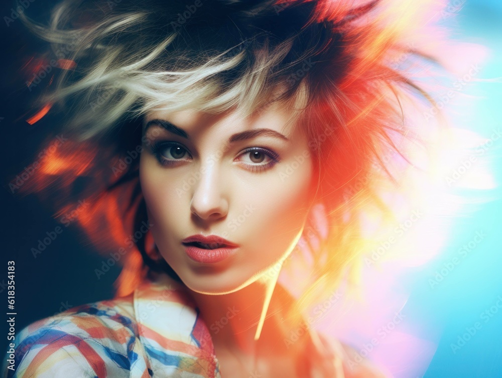 Fototapeta premium 80s fashion hairstyle portrait of female woman with multi coloured intense background, generative ai
