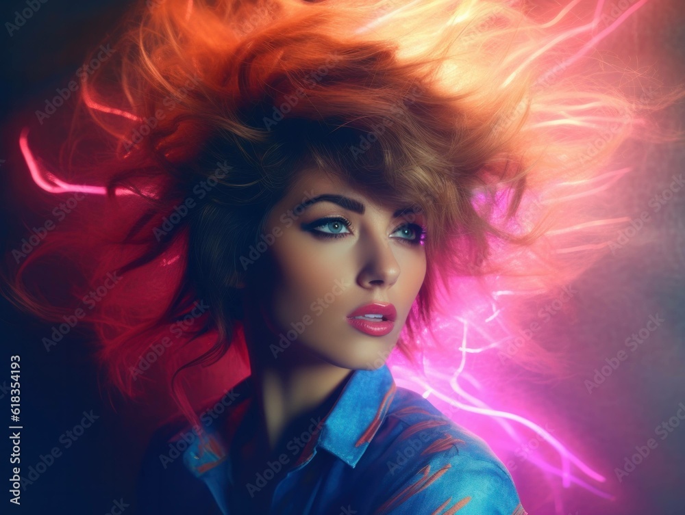 Fototapeta premium 80s fashion hairstyle portrait of female woman with multi coloured intense background, generative ai