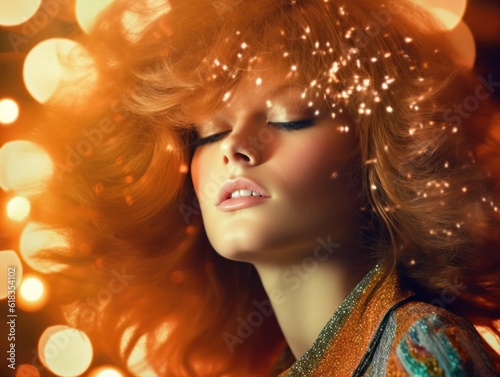 70s style fashion hairstyle portrait of female woman model with golden light and period correct background, generative ai