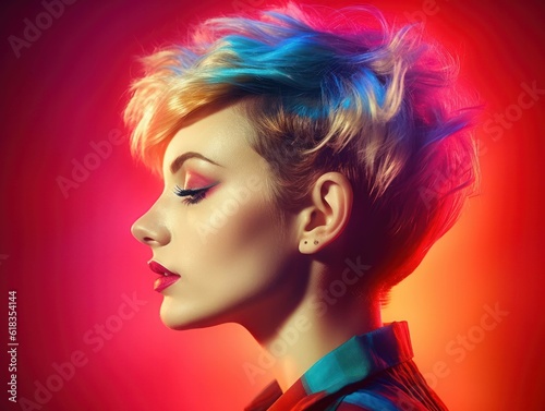 80s fashion hairstyle studio portrait of female woman with multicolored background, generative ai © Felix