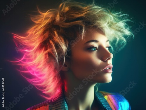 80s fashion hairstyle studio portrait of female woman with multicolored background  generative ai