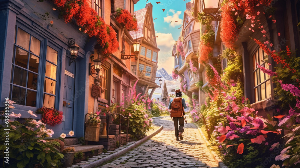 a postal worker delivering mail on their route, walking down a picturesque street filled with colorful houses and blooming flowers,  AI Generated - obrazy, fototapety, plakaty 
