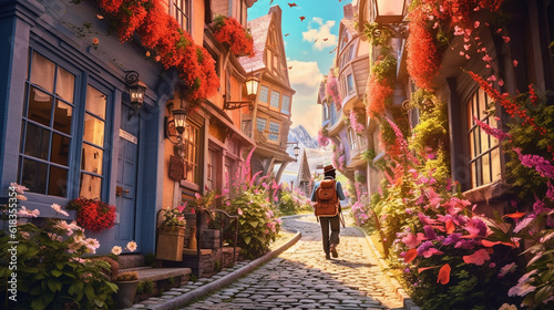 a postal worker delivering mail on their route, walking down a picturesque street filled with colorful houses and blooming flowers,  AI Generated © Tahsin