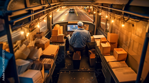 Postal worker driving a mail truck, with parcels and letters neatly organized,  AI-Generated photo