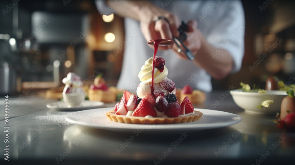 a skilled dessert chef crafting a strawberry sundae masterpiece in a professional kitchen, AI-Generated