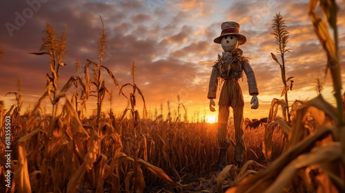 Fotografiet sunset in the field a scarecrow standing tall in picturesque countryside, surrou