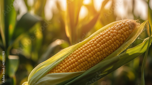 Corn, Golden Harvest: Majestic Corn Cob Standing Tall in Vibrant Cornfield Landscape. photo