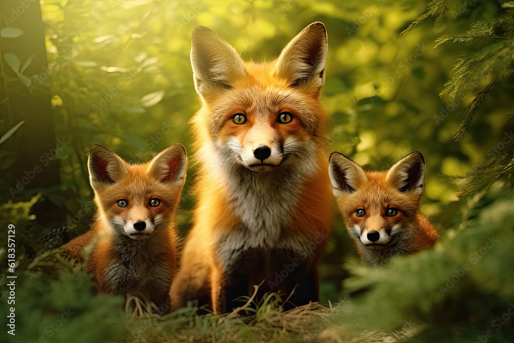 Three red foxes in summer forest, Generative AI Three red foxes in summer forest, Generative AI