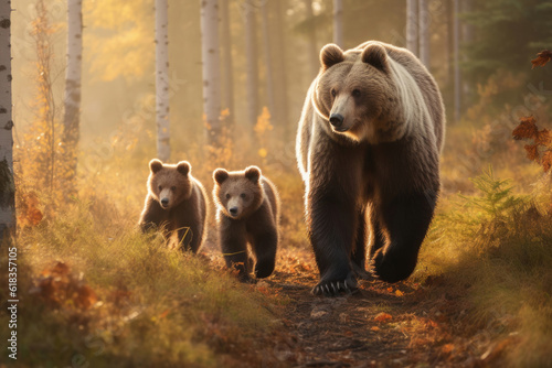 One big bear and two small bears walking in a forest  Generative AI