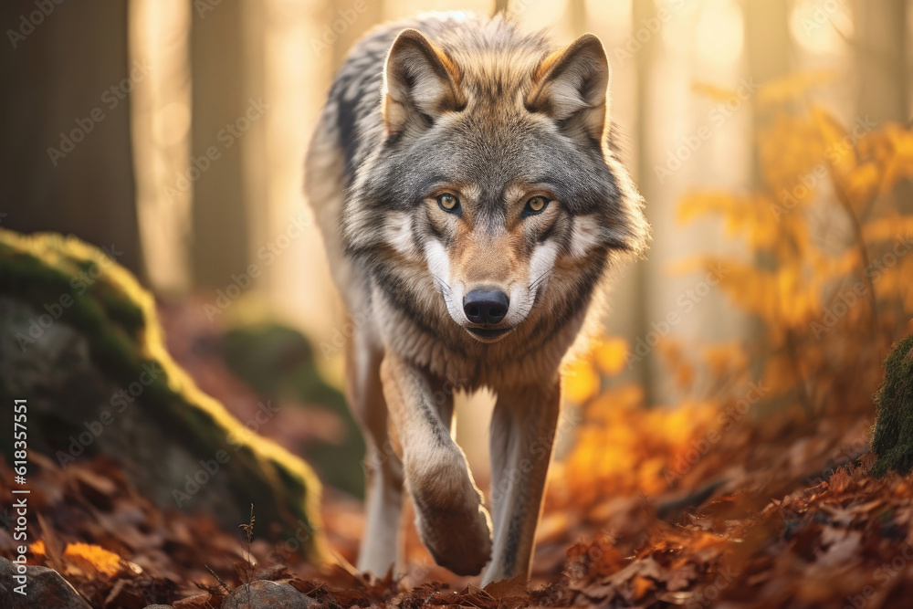 Fototapeta premium Wolf walking in an autumn forest, Generative AI