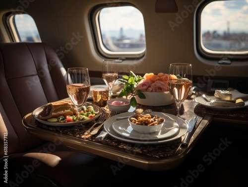 A private jet in the style of modern with a dining set on the table, sunlight shines through a window. Generative AI