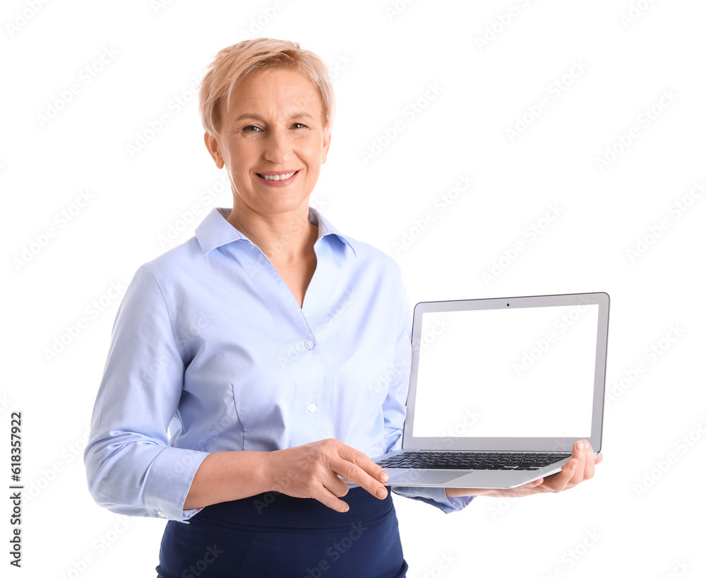Mature businesswoman with laptop on white background Mature businesswoman with laptop on white background
