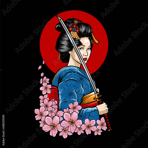 Vector geisha with sword in hand on cherry blossom background