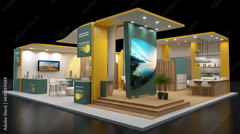 Professional visualization of a large company exhibition stand ready to receive brands and advertisements. - obrazy, fototapety, plakaty 