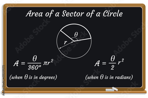 Area of a Sector of a Circle Formula on a black chalkboard. School. Math. Vector illustration. 