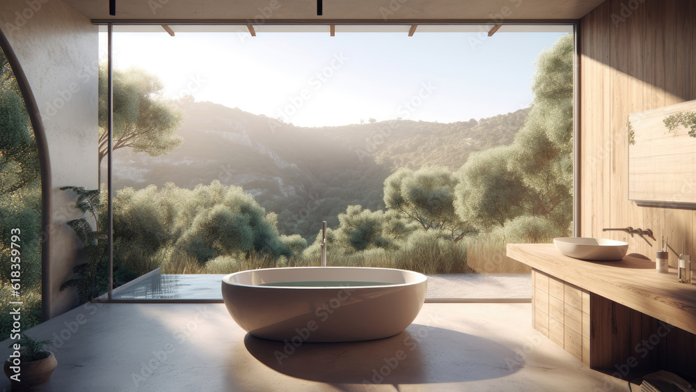 Fototapeta premium A cozy bathroom with a mountain view, complemented by a combination of a concrete wall and wood built-ins creating an inviting atmosphere. Photorealistic illustration, Generative AI