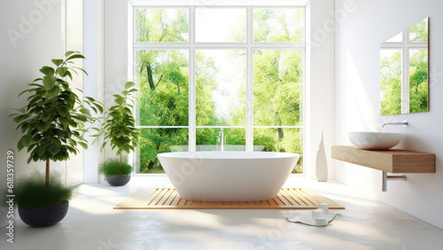 This bright bathroom exuding a fresh and airy atmosphere with its white interior and wood built-ins. Photorealistic illustration, Generative AI