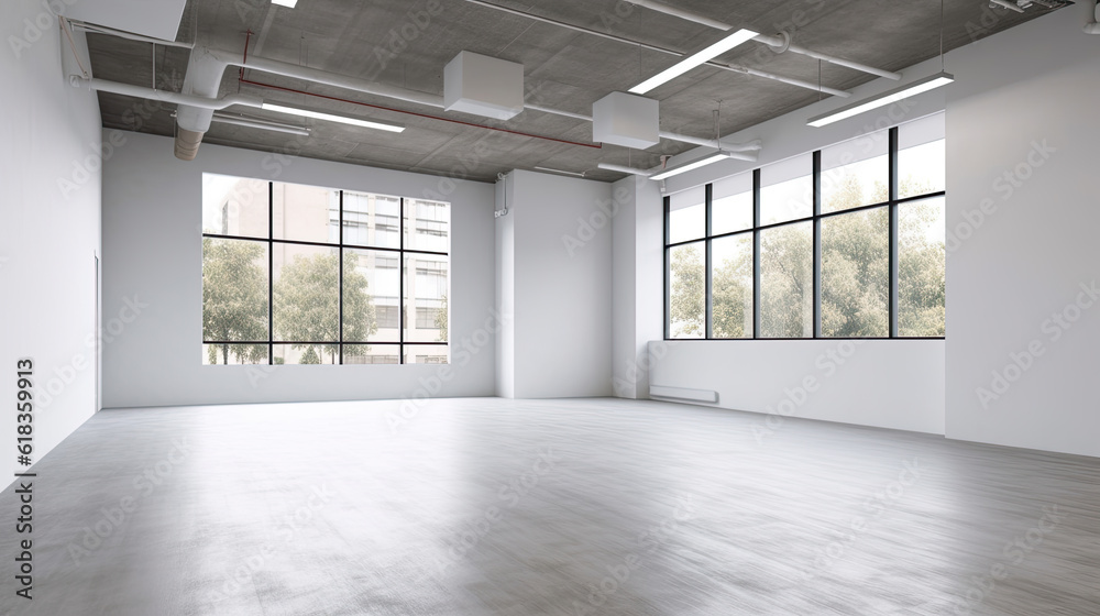 Fototapeta premium Minimal style interior room with white wall. dance hall, office space