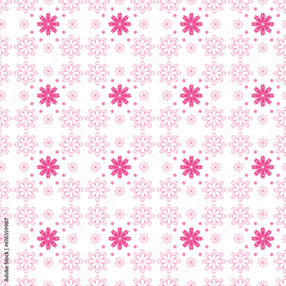 Pink flowers on a white background. Seamless pattern. Symmetrical repeating pattern of pink and white flowers. Light background for paper, cover, fabric, interior decor.