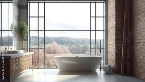 A hilltop house bathroom with a panoramic view, enhanced by a red brick wall, blending natural beauty and rustic charm in a captivating setting. Photorealistic illustration, Generative AI © DIMENSIONS