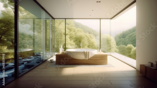 An enchanting bathroom with captivating surrounding windows offering scenic mountain views  complemented by a centered bathtub. Photorealistic illustration  Generative AI