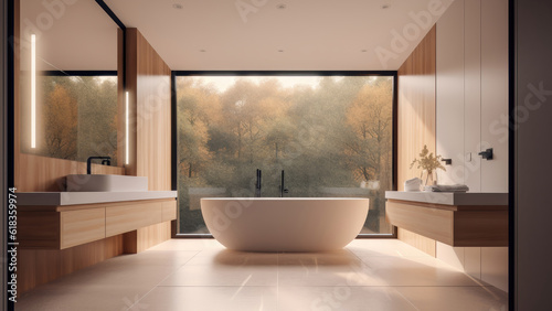 A serene home bathroom with a forest view  featuring inviting wood walls and a touch of elegance with a marble tile floor. Photorealistic illustration  Generative AI