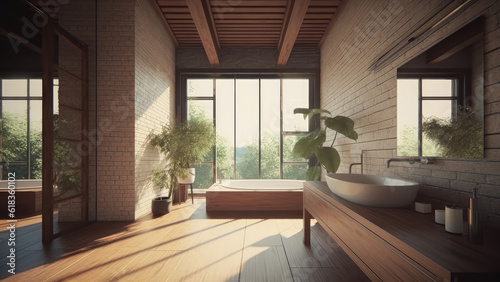 A cozy home bathroom characterized by its wooden structural elements, complemented by rustic brick walls and wood built-ins. Photorealistic illustration, Generative AI © DIMENSIONS
