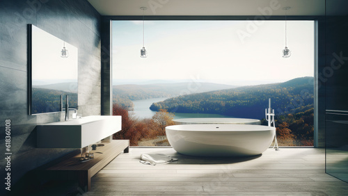 A hilltop vacation home bathroom with a panoramic view, featuring a floor-to-ceiling window that frames the landscape. Photorealistic illustration, Generative AI