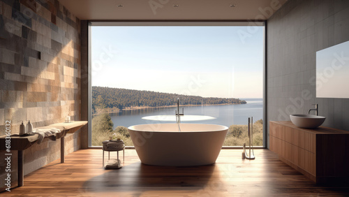 A small and cozy vacation home bathroom offering a serene ocean view  with a floor-to-ceiling window that frames the scenery. Photorealistic illustration  Generative AI