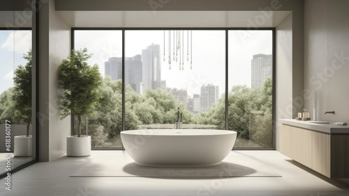 A bathroom offering a scenic city view  featuring a soothing light green interior that contrasts with the warm wood built-ins. Photorealistic illustration  Generative AI