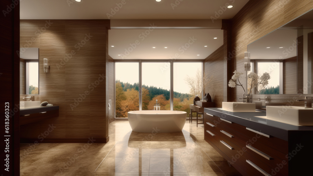 A spacious and luxurious home bathroom adorned with walls and built-ins finished in wood tones that exude comfort. Photorealistic illustration, Generative AI
