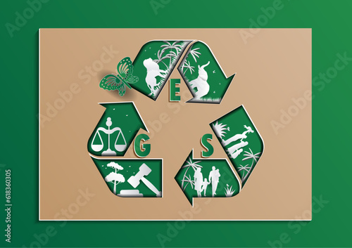 ESG recycle Vector illustration With nature, animals and people as elements in Brown paper on the green background, (ESG) environmental social governance Paper cut art out style concepts