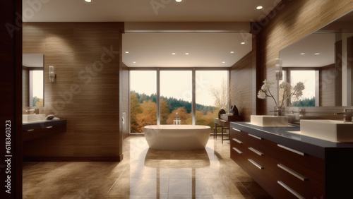 A spacious and luxurious home bathroom adorned with walls and built-ins finished in wood tones that exude comfort. Photorealistic illustration, Generative AI